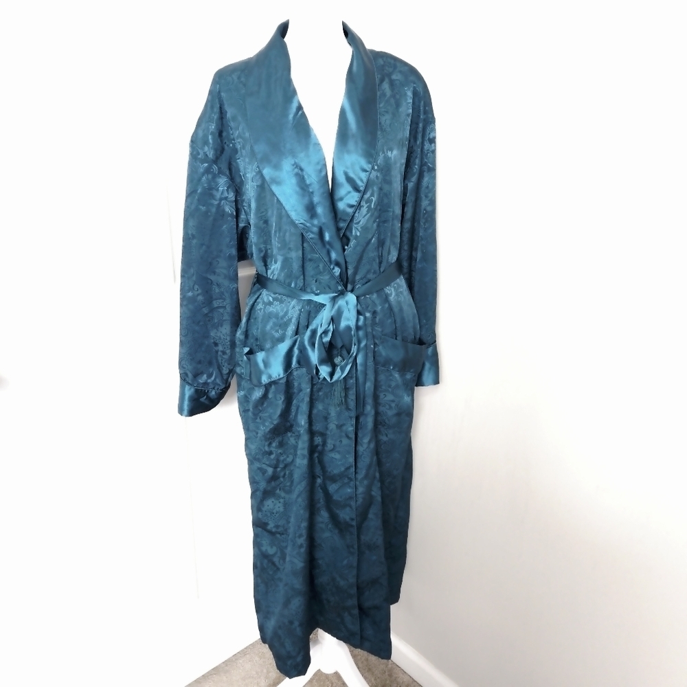 Vintage Victoria’s Secret Gold Label Deep Green Satin Jacquard Kimono Robe Sze S